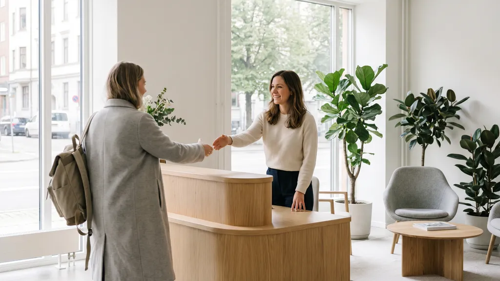 Professionell kontorsreception i ljus skandinavisk miljö